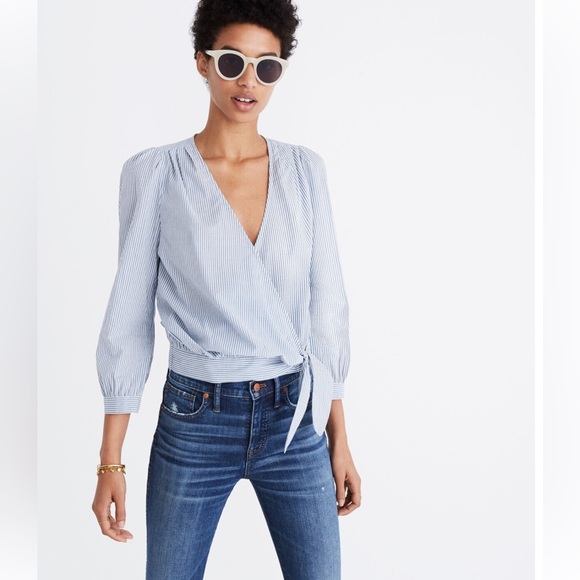 Madewell Tops - (SEA) Madewell Light Blue and White Striped Wrap Blouse